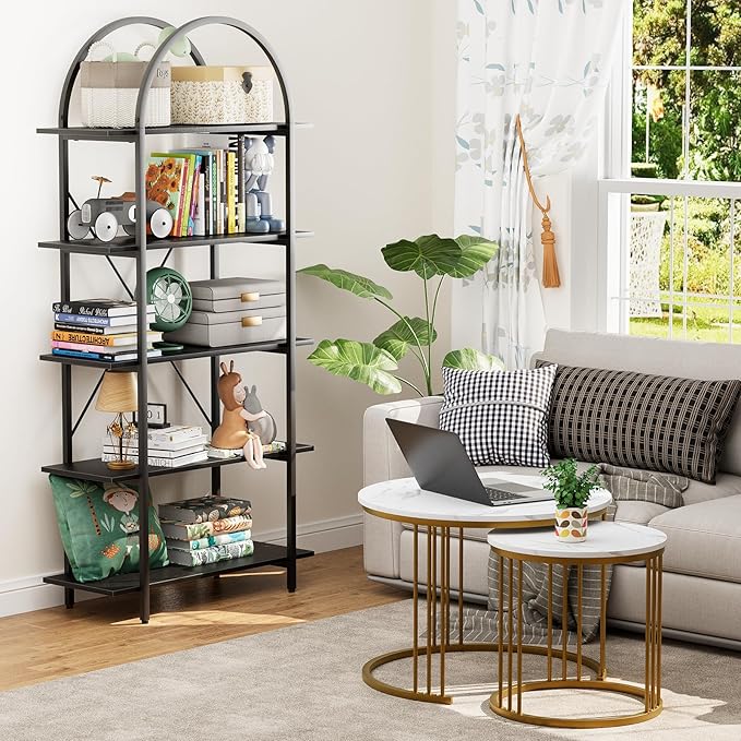 Arbuxzuy Arched Bookshelf 5 Tier Book Shelf, 31.5 Inch Width Industrial Arch Bookcase, Curved Tall Bookshelf with Open Shelves for Home Office, Living Room, Bedroom, Black