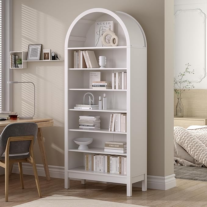 Wodeer Tall Arched Bookshelf, 7-Tier Bookcase with 3 Adjustable Shelves, Modern Farmhouse Storage Shelf for Living Room, Entryway, Office, 29.5" W x 70.1" H x 13.8" D, White