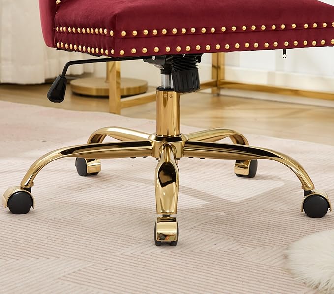 Goujxcy Desk Chair, Modern Velvet Upholstered Tufted Button Home Office Chair, 360° Swivel Armless Desk Chairs, 120°Rocking Ergonomic Computer Task Vanity Chairs, Wine Red
