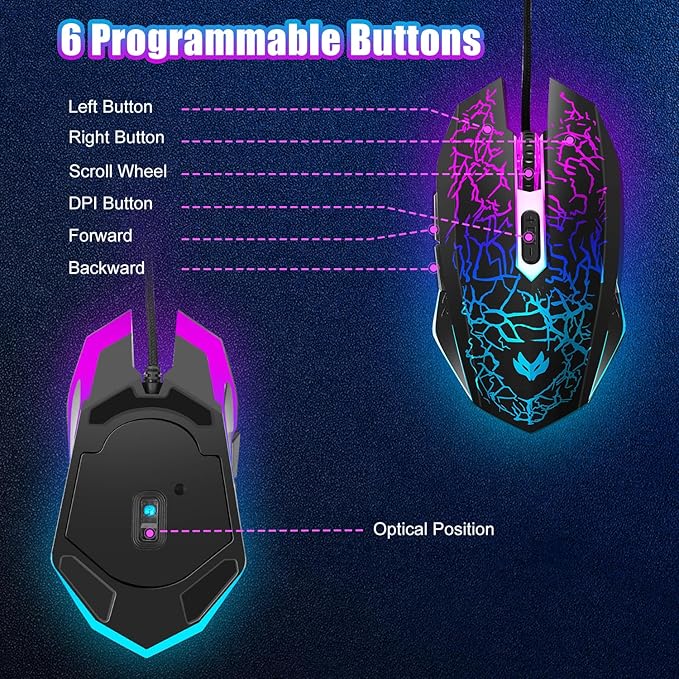 Wired Gaming Mouse, 4-Color LED Light Computer Mouse, Ergonomic Mouse with 6 Silent Click Buttons, 3 Adjustable 2400 DPI USB Wired Mouse for Laptop, PC, Mac, Black