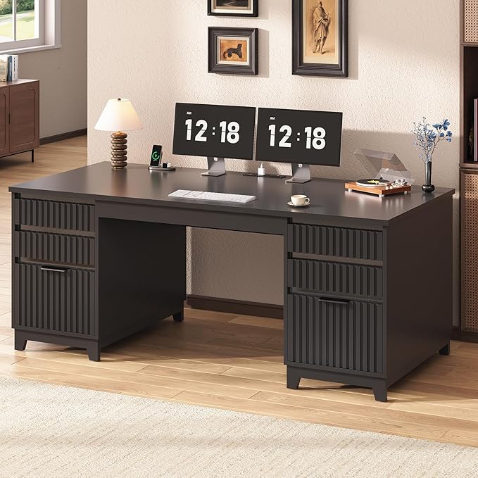 SEDETA 55.1" Fluted Office Desk with 6 Drawers, Modern Executive Desk with Acrylic File Drawers, Computer Desk with Power outlets for Home Office and Study (Black)