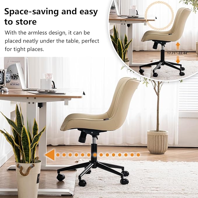 YOUNIKE Beige Office Desk Chair with Wheels Swivel Comfy Armless Vanity Chair with Back Modern Leather Upholstered Rolling Computer Task Chair Small Cute Drafting Sewing Chair No Arms Adjustable