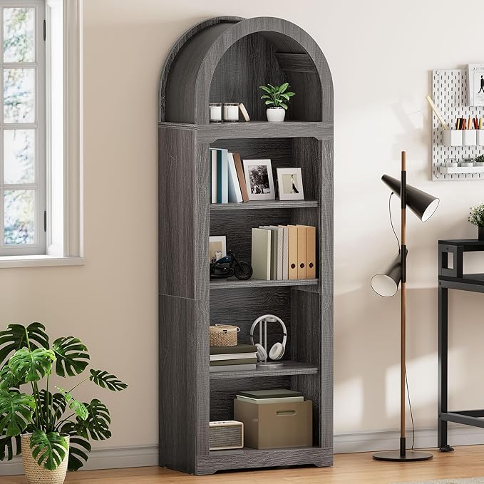 YITAHOME Arched Bookshelf, 68.5" Tall Bookcase, 5-Tier Arched Bookcase with Storage, Open Display Rack with Adjustable Shelves for Living Room and Home Office, Charcoal Gray