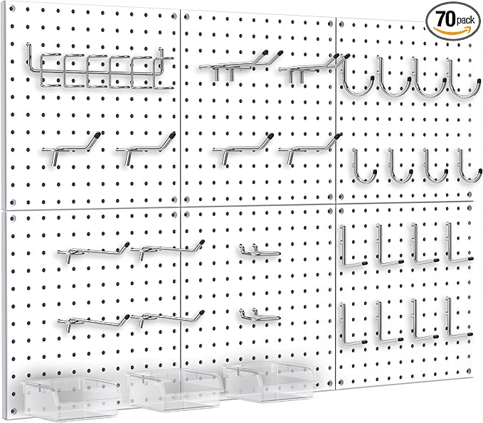 Peg Board, 70PCS Heavy Duty Metal Pegboard with Hooks, 6 Pack White Peg Board Panels, 50lbs Load Capacity Each, Pegboard Wall Organizer for Garage, Workshop, Craft Rooms Total 24” x 36”