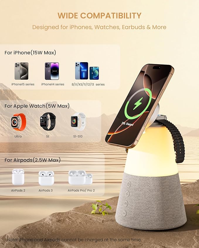 Bluetooth Speaker with Light, 4 in 1 15W Portable Speaker Magnetic Wireless Charger, Portable Bluetooth Speakers with Phone Stand, Men Gifts Dimmable Night Light Speakers, Birthday Gifts for Women
