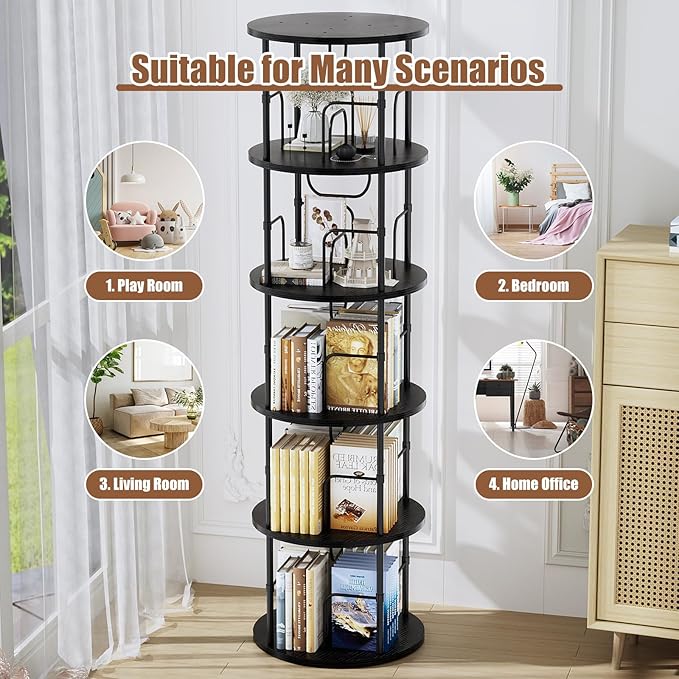 ALLSTAND 5 Tier Rotating Bookshelf, 360 ° Display Stackable Spinning Bookshelf Tower, Corner Bookshelf Tall Floor Standing Swivel Bookcase Narrow Storage Organizer for Bedroom, Living Room, Black