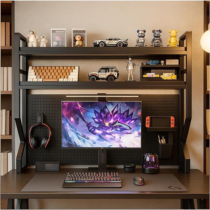 Desktop Hutch Bookshelf,Many Gifts,Metal Desktop Bookcase with pegboard, Desk Shelf, Countertop Storage Organizer Rack for Dorm or Office,Desktop Shelves (Black, 53.1" Lx9.9 Wx39 H)