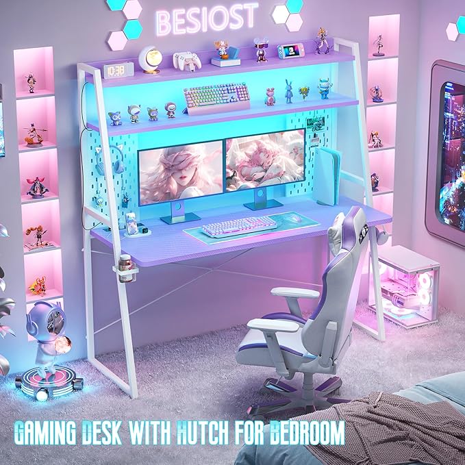 Besiost Gaming Desk with Hutch and LED Lights, Gaming Computer Desk with Power Outlets, Gamer Desk with Storage Shelves, PC Gamings Desk with Pegboards for Bedroom, Carbon Fiber Purple, 49"