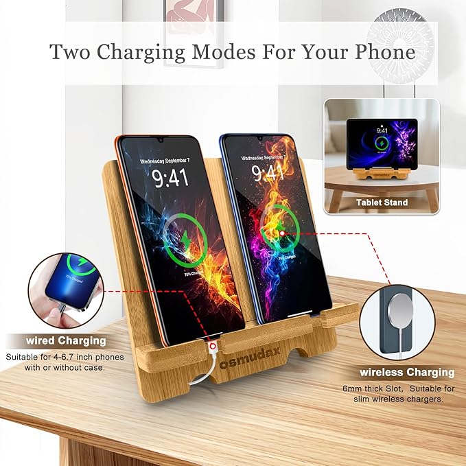 Bamboo Dual Cell Phone Holder for iPhone/iPad, Wood Wireless Charging Station Tablet Holder Nightstand, Double Phone Holder Desktop Stand for iPhone 17/16/15/14/13/12/11 Series and Android