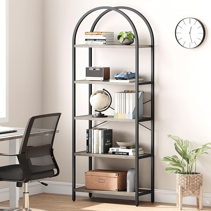 IDEALHOUSE Bookshelf 5 Tier Bookcase Arched Display Racks Tall Standing Bookshelves Metal Frame Modern Storage Rack Shelf Large Wood Book Shelf for Bedroom, Living Room, Home Office (Grey)