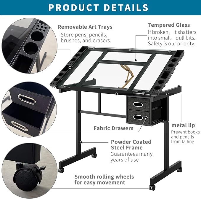 Rolling Drafting Table on Wheels, Painting Table Art Craft Desk Crafting Table with Tilting Transparent Tempered Glass Top, 2 Fabric Storage Drawers and 4 Wheels (Black)