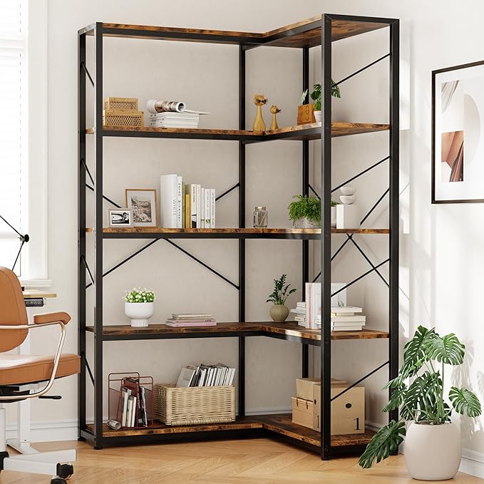 Shintenchi 5 Tier Corner Bookshelf,L Shaped Bookcase,Large Etagere Bookcase,Corner Shelf Display Storage Rack with Metal Frame for Living Room Bedroom Office,Rustic Brown