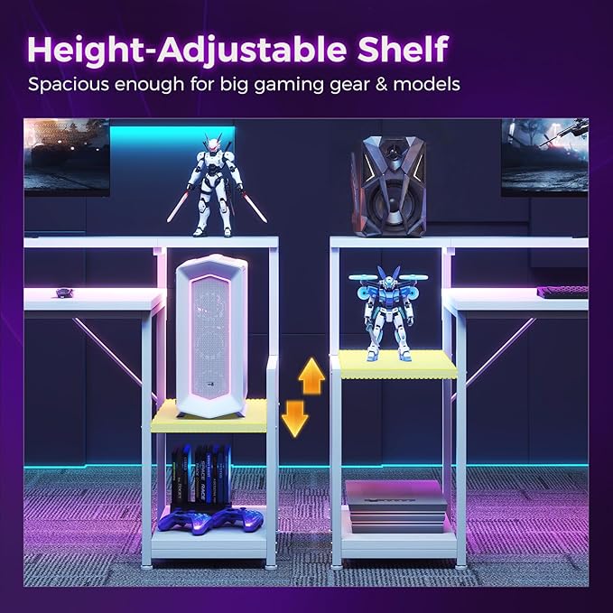 AODK Gaming Desk, 48 Inch Computer Desk with Led Lights, Office Desk with PC Tower Stand, Reversible Desk with Monitor Shelf & Headphone Hook, White