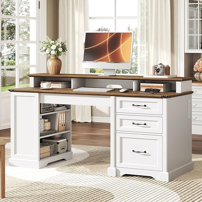 RALGEND 2 Pack 55'' Farmhouse Executive Desk with Drawers, Computer Desk with File Cabinet and Side Bookshelf, Writing Gaming Desk with Monitor Stand, White and Walnut