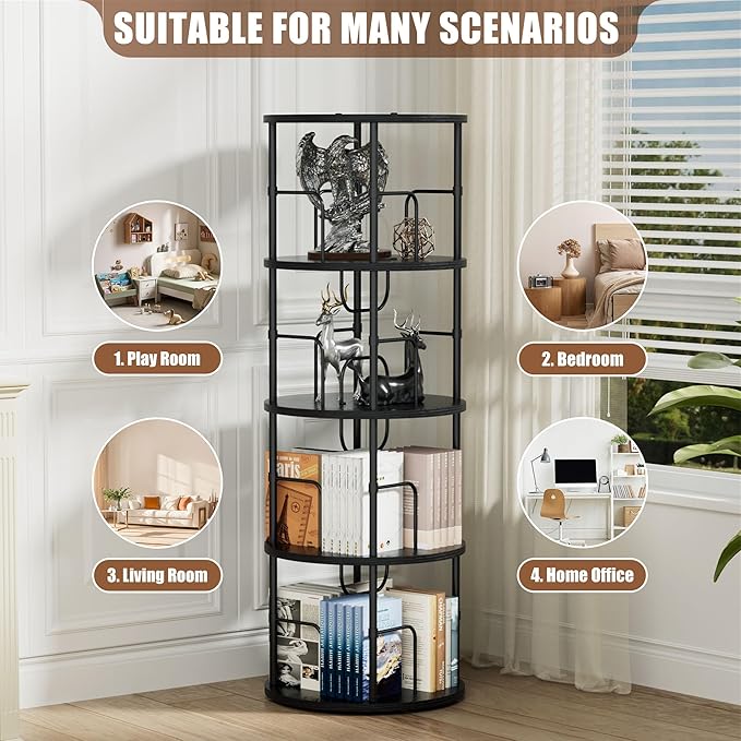 Flycity 4 Tier Rotating Bookshelf, 360° Corner Bookshelf Tower, Round Revolving Bookcase with Special Visible Partition Storage, Narrow Book Shelf Organizer for Living Room, Small Space, Black