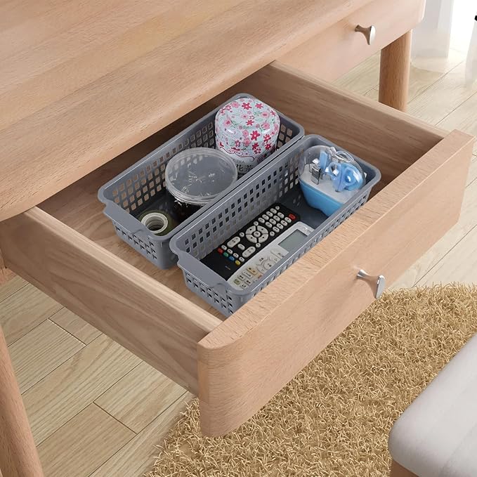 Anbers Gray Small Plastic Storage Basket, Narrow Baskets for Desktop Organizing, 4 Pack