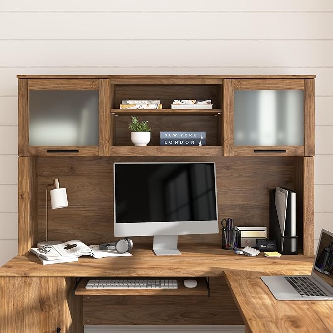 Bush Home 60-Inch Desk Hutch, Office Storage Organizer with Shelves, Cubbies and Frosted Glass Doors for Computer Desk, Home Office Furniture, Somerset Collection, Fresh Walnut