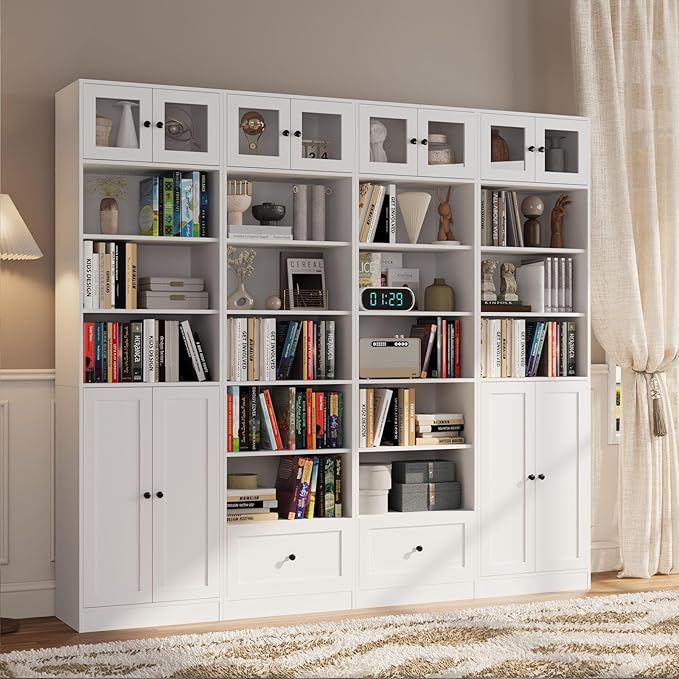 TUSY 85.5 Inch Tall Bookshelf with Doors - 7 Tier Bookcase with Glass Doors and Drawer, 23.6" Wide Storage Cabinet with Open Shelves for Living Room, White Book Shelf for Home Office, Study (ABBA)