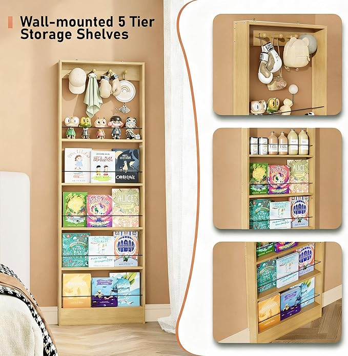 Behind The Door Bookshelf Kids,Wooden Behind Door Bookshelf, 5-Tier Bookcase Book Shelf Space-Saving Organizer Storage for Toys and Story Books Wall Mount Shelves with Hooks(Oak)
