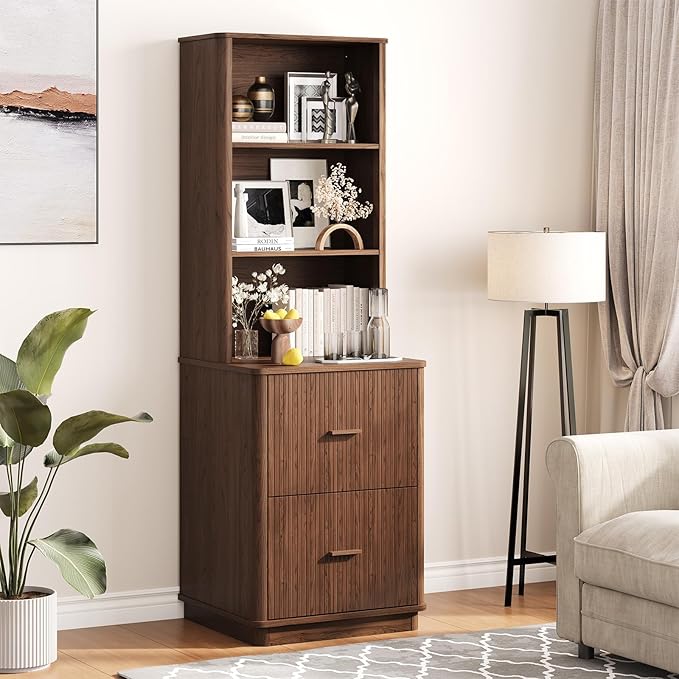 ONBRILL 71" Tall Fluted Bookcase with 2 File Drawers, Curved Design Display Bookshelf with Storage, Mid-Century Modern 3 Tier Bookcase with Sturdy Pedestal for Home Office, Living Room, Walnut