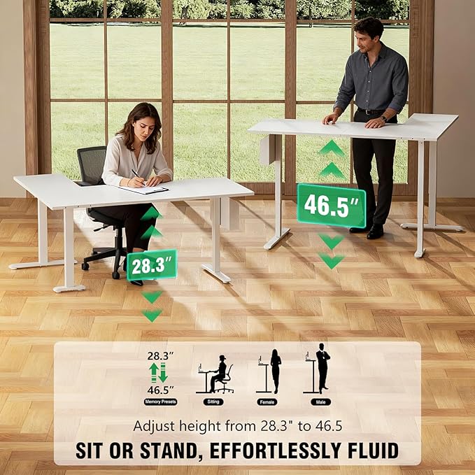 Korfile L Shaped Electric Standing Desk,63 Inch Adjustable Height Sit to Stand Corner Desk with Memory Presets, Reversible Computer Table for Home Office, Work and Study, White