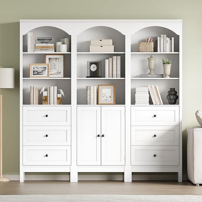 Bookshelf with Drawers, 71" Tall Wood Bookcase with Adjustable Shelf, 24" Wide Arched Book Shelf, Floor Standing Display Storage Cabinet for Home Office, Study and Living Room, Modern White