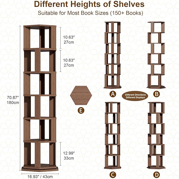 BACEKOLL Rotating Bookshelf Tower, 6 Tier Spinning Book Shelf, Wood Round Revolving Bookcase, Narrow Rolling Bookshelves, Vertical Book Storage for Corner Small Spaces, Bedroom, Living Room,Walnut