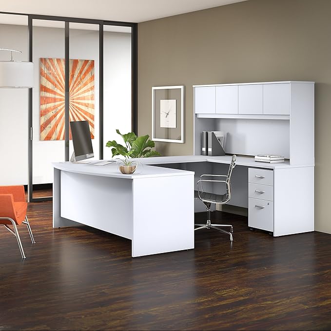Studio C 72W x 36D U Shaped Desk with Hutch and Mobile File Cabinet in White