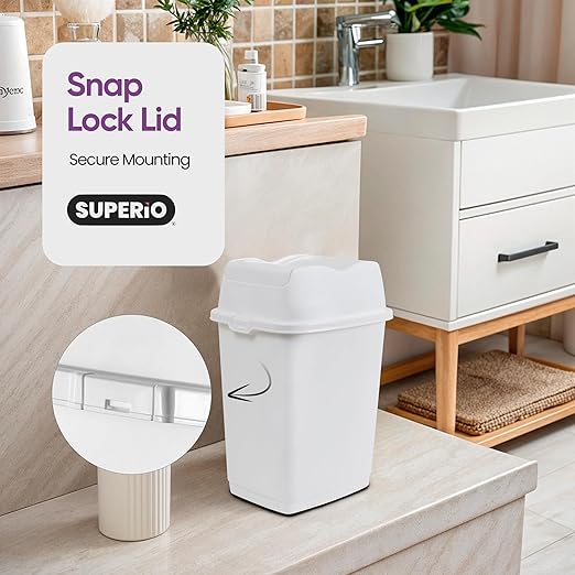 Garbage Cans with Swing Top-Split Lids, 2 Pack | Small Trash Cans with Lids | Durable Plastic | Slim & Sturdy Trash Bins | Fingerprint Resistant | 1.25 Gallon / 5 qt / 5 L – White | Superio Brand