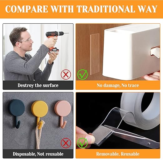 Double Sided Tape Heavy Duty for Wall Decor No Damage to Paint,Clear Removable Mounting Tape,Nano Two Sided Adhesive Tape,Picture Hanging Strips for Posters,Stickers -2Rolls(1.18in*6.5FT+0.39in*6.5FT)