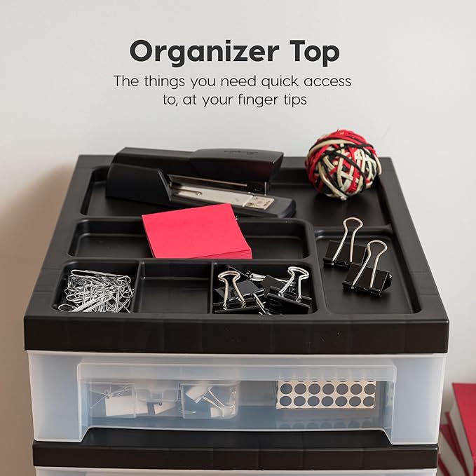 IRIS USA Plastic Drawer Storage Organizer Rolling Cart, with Wheels Casters, 7-Drawers, for Classroom Art Craft Supplies Dresser Closet Bathroom Laundry Room, Black/Clear