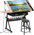 HomGarden Height Adjustable Drafting Desk Drawing Table Art Craft Work Station w/Stool, Power Outlet and Storage Drawers for Home Office Study Room, Natural