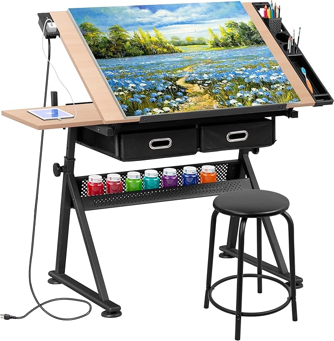 HomGarden Height Adjustable Drafting Desk Drawing Table Art Craft Work Station w/Stool, Power Outlet and Storage Drawers for Home Office Study Room, Natural