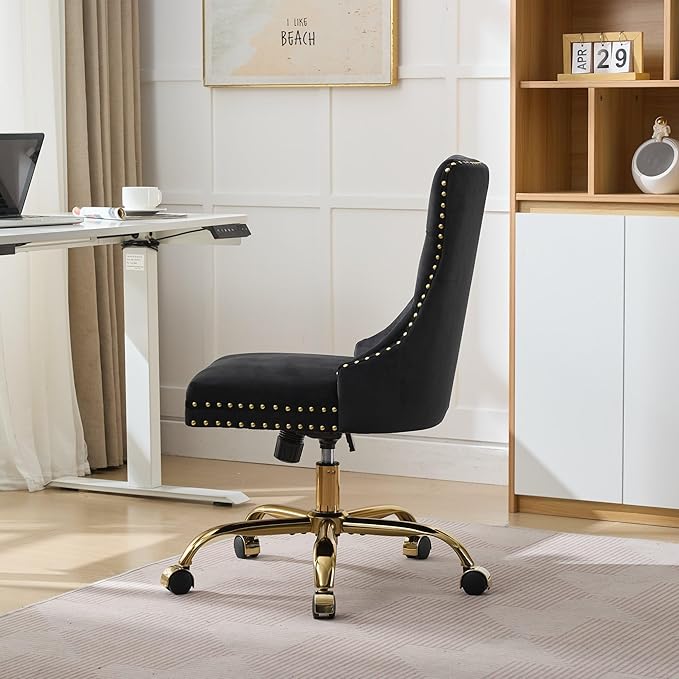 Goujxcy Desk Chair, Modern Velvet Upholstered Tufted Button Home Office Chair, 360° Swivel Armless Desk Chairs, 120°Rocking Ergonomic Computer Task Vanity Chairs, Black