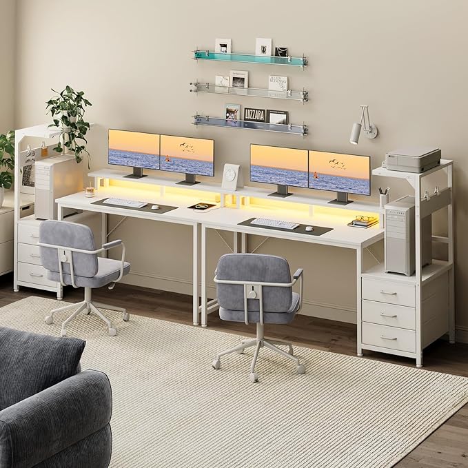 AODK 59 Inch Gaming Desk with USB Charging Ports & LED Light- Reversible Computer Desk with Storage Shelves & Monitor Stand, Modern Gamer Desk Table with Fabric Drawers, White