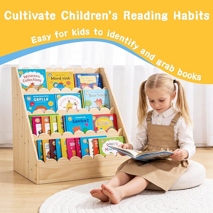 BALAPET Scalloped Book Shelf for Kids, 3-Tier Wooden Bookshelf Perfect Height for 1-5 Years Toddler, Durable Bookcase Book Organizer for Nursery Room(Wooden,23.6 * 16.5 * 10.6in)