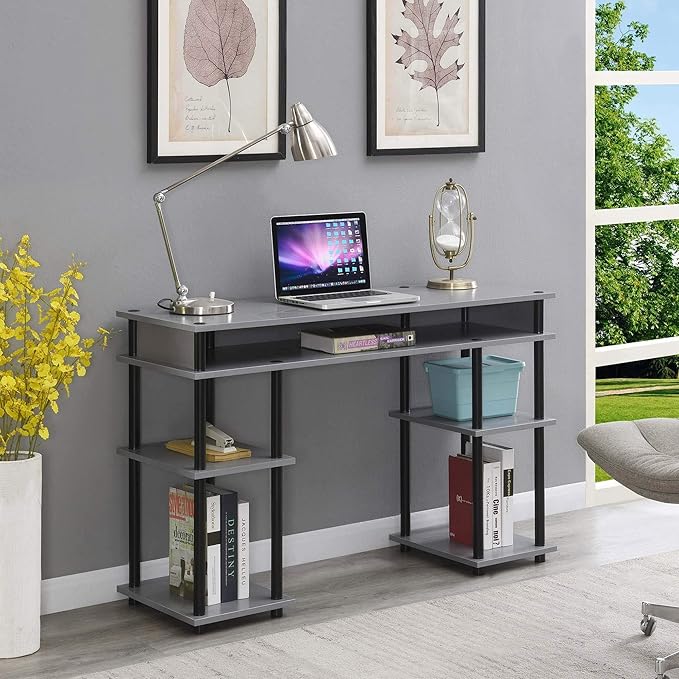 Convenience Concepts Designs2Go No Tools Desk Home Office Desk with Shelves, Corner Shelf Vanity Desk Computer Desk Nail Table for Nail Tech - 47.25" L x 15.75" W x 30" H, Gray/Black