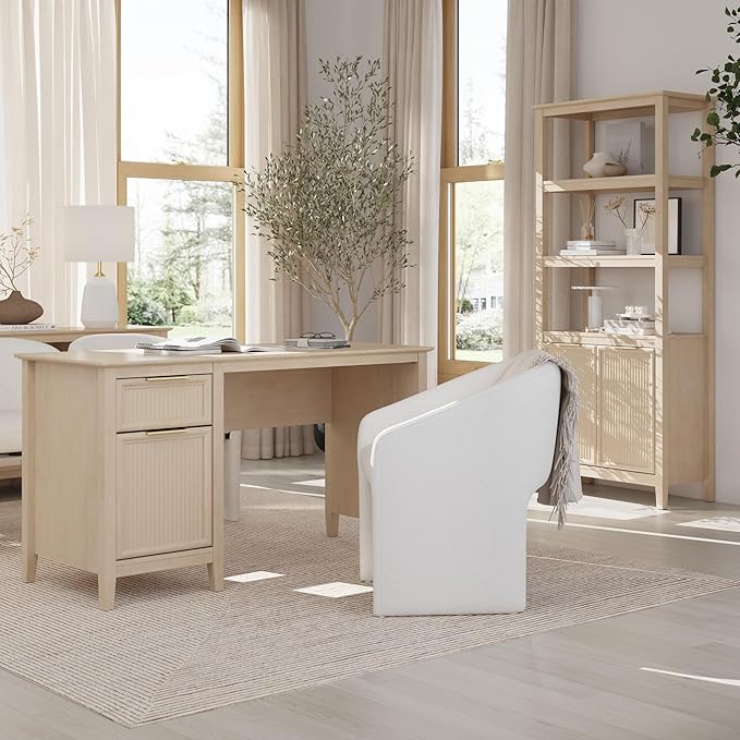 Bush Home 54-inch Office Desk with Storage and 5 Shelf Bookcase with Doors, Home Office Furniture, Camille Collection, Natural Birch