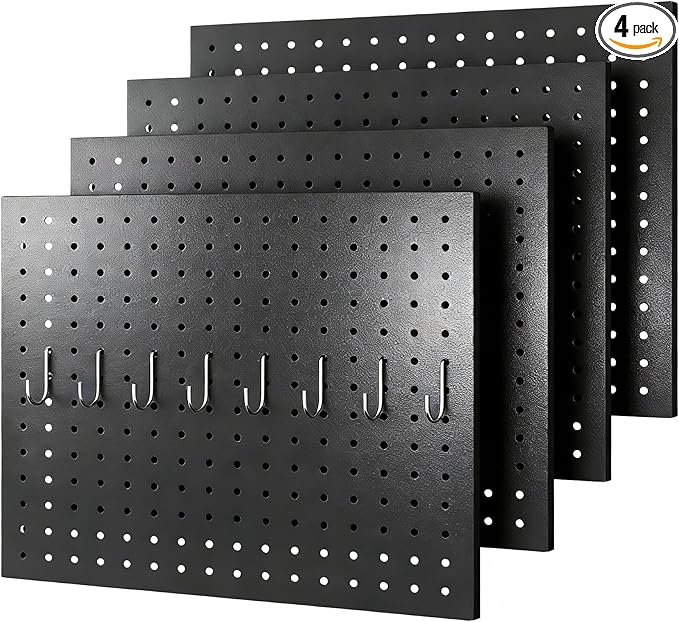 Metal Pegboard,4 Pack Metal Pegboard Panels With 8 Hooks,Black Pegboard Wall Organizer,16"x12" Steel Peg Boards for Walls,Tools,Garage,Office