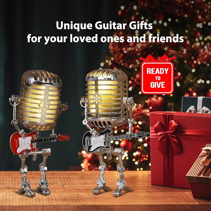 Vintage Microphone Guitar Robot Lamp, Music Gifts for Men, Cool Gifts for Music Lovers, Vintage Light Home Decor Nightstand Desk Lamp for Bedroom, Music Studio (White)