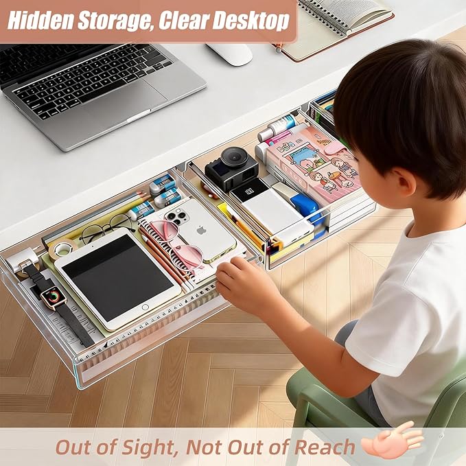 TooCust 3 Pack Under Desk Drawer Slide Out Storage Organizer, Clear White 3 Sizes (S/M/L), Dual-Mount Hidden Table Tray for Tablets, Planners & Office Supplies
