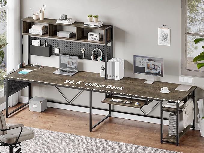 SEDETA L Shaped Desk, 94.5 Inch Office Desk with Power Outlet & Pegboard, L Shaped Desk with Led Light, Keyboard Tray, Storage Shelves and Headphone Hook for Home Office, Walnut Brown