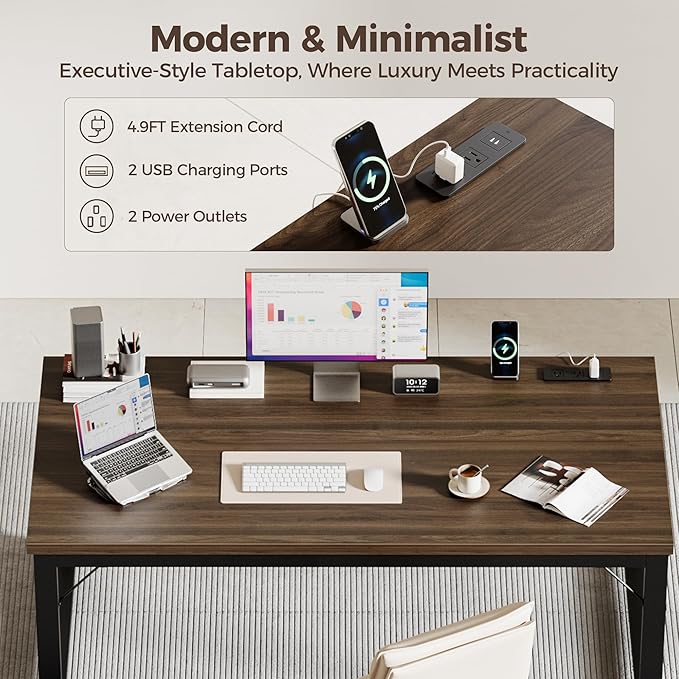 Mericonia 54 Inch Computer Desk with Power Outlets, 1.2" Thick Heavy Duty Industrial Office Desk, Modern Simple Study Writing Table for Home Office Bedroom Workstation, Walnut