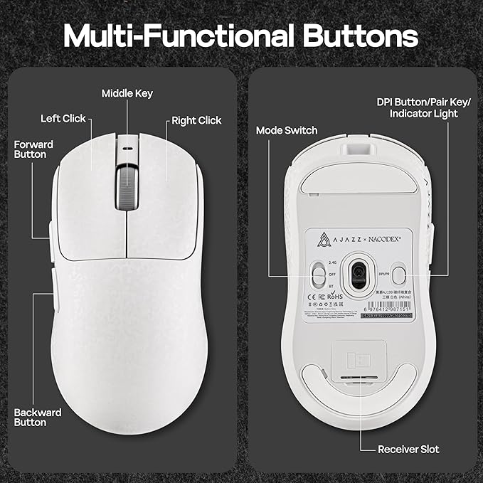 MechLands AJAZZ AJ199 Lightweight Gaming Mouse with Carbon Fiber Shell, 2.4G/USB-C/BT Wireless Mouse with 500mAh Battery, Adjustable 12,000 DPI & 1KHz Polling, PAW3311 Sensor for PC/Mac/Gaming (White)