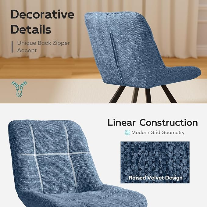 Small Desk Chair No Wheels, Swivel Velvet Vanity Chair No Arms, Armless Office Chair with Back and Metal Legs for Small Space, Bedroom, Home Office, Mid Century Modern, Ocean Blue