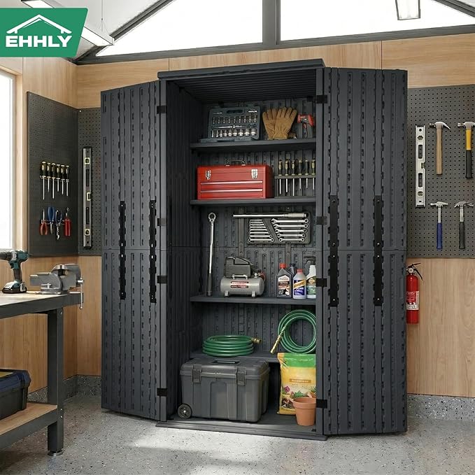 EHHLY Heavy Duty Tall Storage Cabinet Outdoor Weatherproof, 28 Cuft Garage Storage Cabinet with 4 Adjustable Shelves, Lockable Kitchen Pantry Closer Organizer, 31Wx23Lx66H, Sage Grey