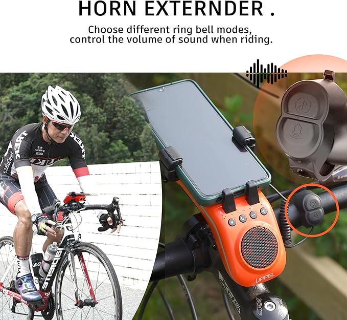 UPPEL Bluetooth Speaker Bicycle, Multifunctional Bike Phone Holder 10-in-1- LED Light - Bike Horn - Microphone - Ideal for Road & Mountain Bike - Extreme & Casual Cycling-Orange
