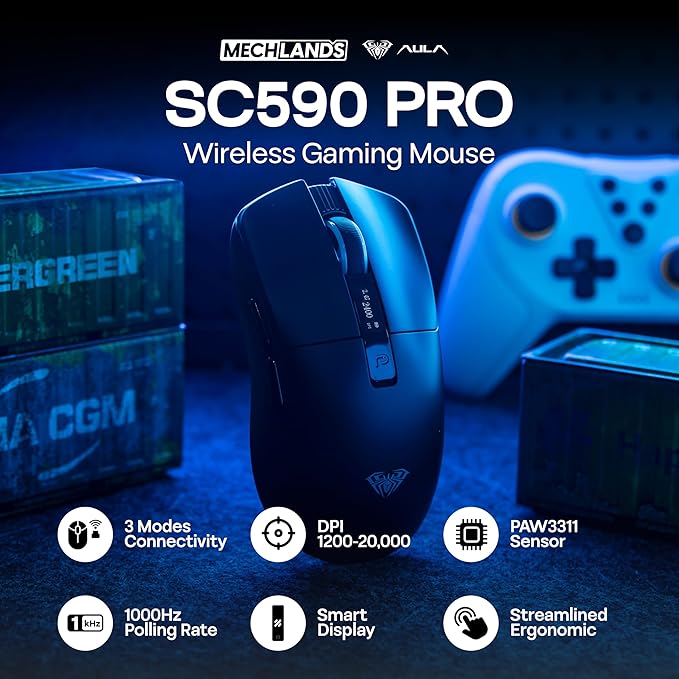 MechLands Aula SC590 PRO Gaming Mouse with Display Screen, 2.4G/USB-C/BT Wireless Mouse with 500mAh Battery, Adjustable 20,000 DPI & 1000 Polling Rate, PAW3311 Sensor, for Win/Mac/Gaming (Black)