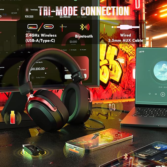 ATTACK SHARK L30PRO Wireless Gaming Headset,7.1 Surround Sound, 50mm Drivers,20ms Low Latency,Detachable Noise-Canceling Mic, Aluminum Alloy Frame,Tri-Mode Connectivity Over-Ear Headset-Black Red