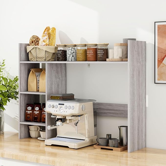 FTZxHKLX Desktop Bookshelf, Wooden Desk Hutch for Computer Monitor Up to 27'' with 3 Open Storage Shelves, Large 4-Tier Desk Organizer for Dorm Office Home, Wash Grey